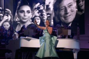 Lady Gaga performs "Love for Sale" at Sunday's Grammys 2020 telecast. "We love you Tony, we miss you," an emotional Gaga said after her performance.