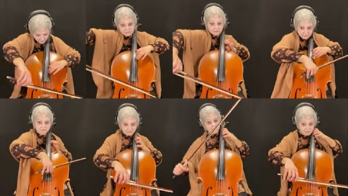 Samara Ginsberg dressed as Mother, performing the Psycho theme on cello.