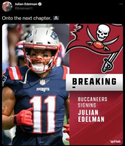 Tweet from Julian Edelman saying he's signed with the Bucs