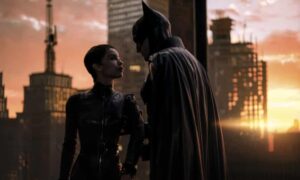 Zoë Kravitz as Catwoman and Robert Pattinson as the caped crusader in The Batman