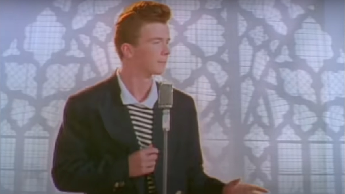 Rick Astley dancing in the music video for his infamous Rickroll, Never Gonna Give You Up.
