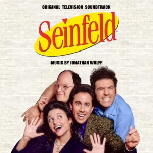 The cast of Seinfeld tightly bunched up together below the show's logo