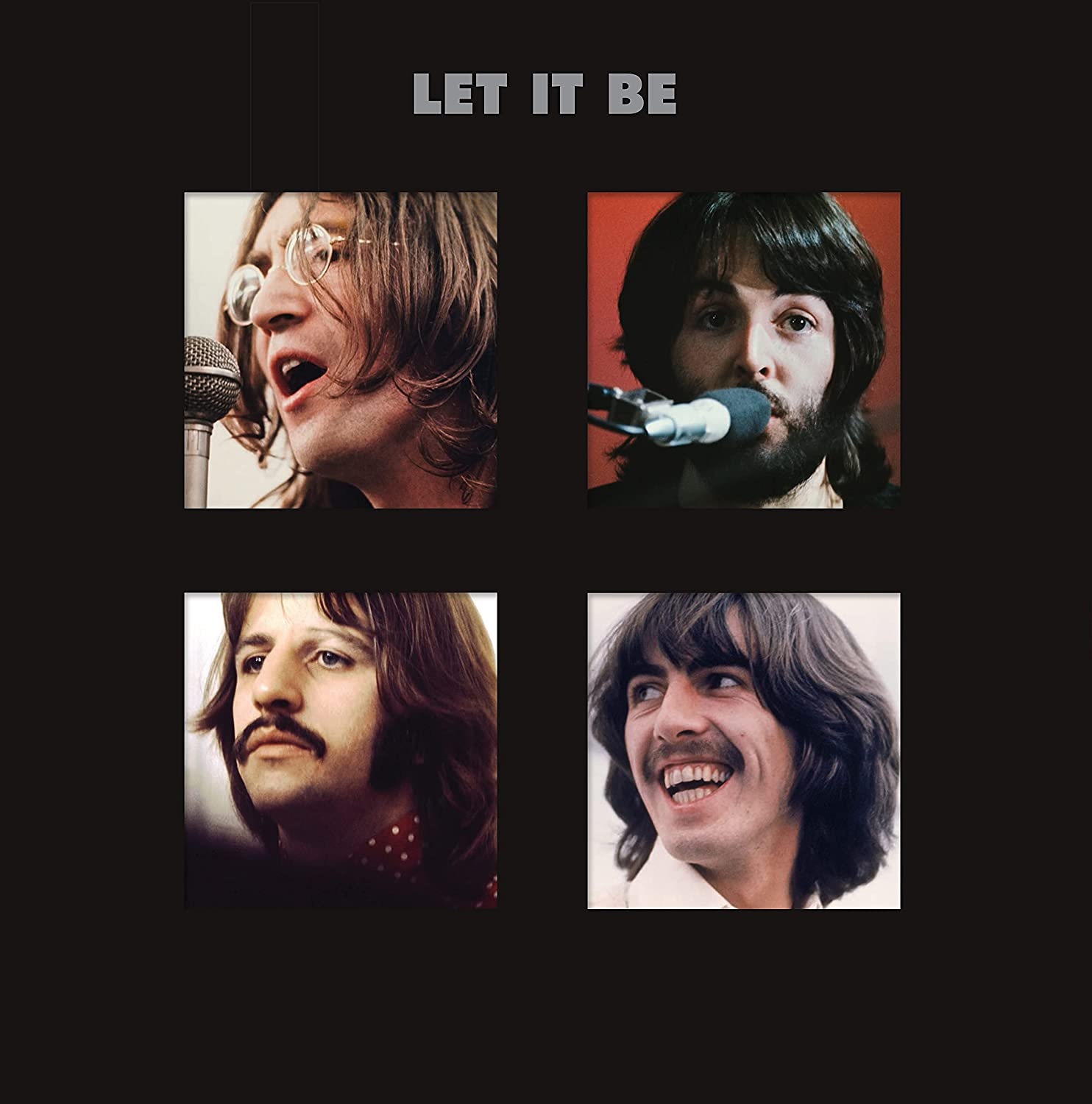 Four squares; top left features John Lennon singing, top right features Paul McCartney singing, bottom left shows Ringo Starr looking serious, bottom right depicts George Harrison smiling and looking over his right shoulder. This is the album cover of The Beatles' Let It Be.
