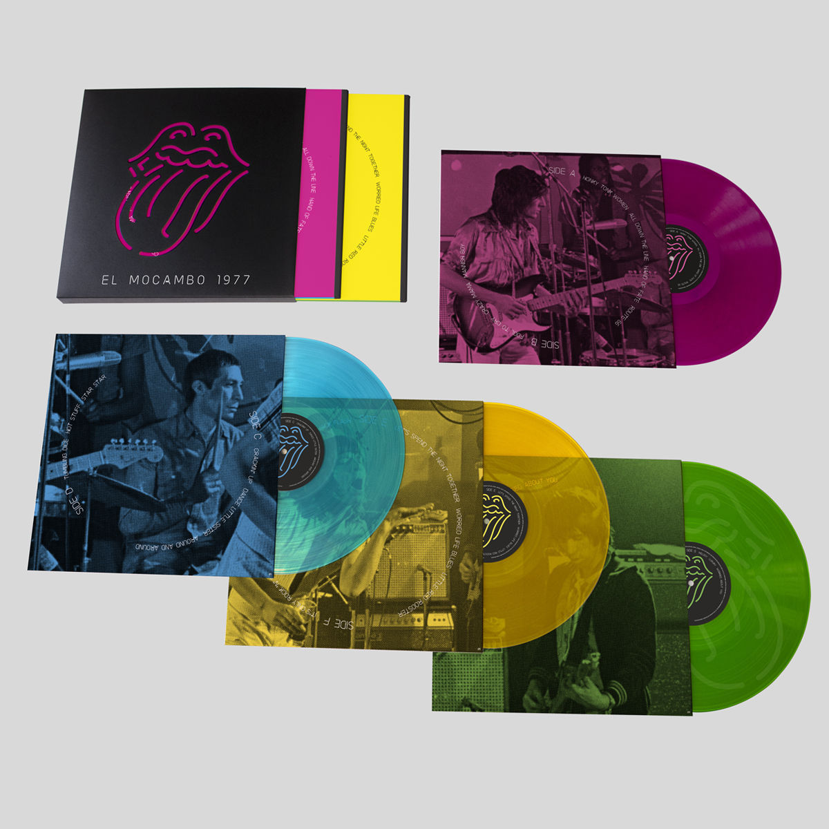 Four neon vinyl albums from the Rolling Stones el Mocambo collection