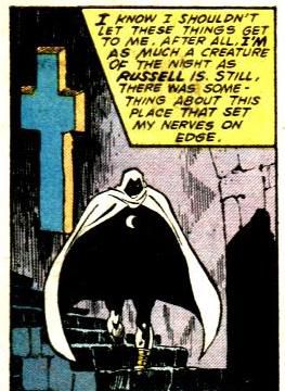 The superhero Moon Knight walks down a spooky stone staircase. A narration box reads “I know I shouldn’t let these things get to me. After all, I’m as much a creature of the night as Russell is. Still, there was something about this place that set my nerves on edge,” in Solo Avengers #3 (1987).