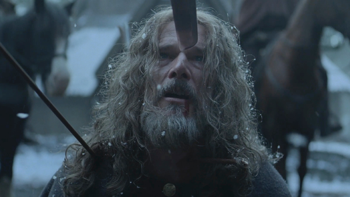 A sword pointed at King Aurvandill's face in The Northman