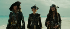 barbossa, elizabeth, and jack sparrow about to negotiate