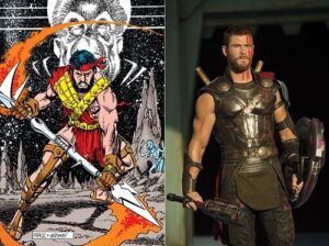 Gladiator Superman from 1989 comic and gladiator Thor from 2017 'Thor: Ragnarok' film.
