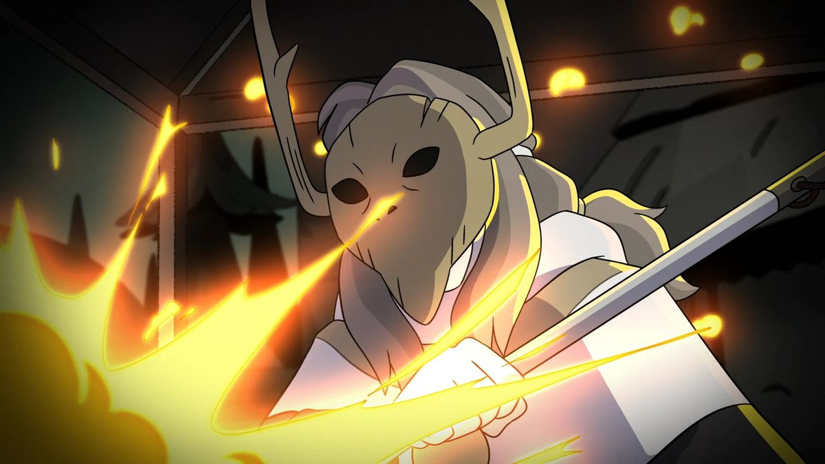 Belos in a fearsome golden mask, blocking a fire attack with his staff