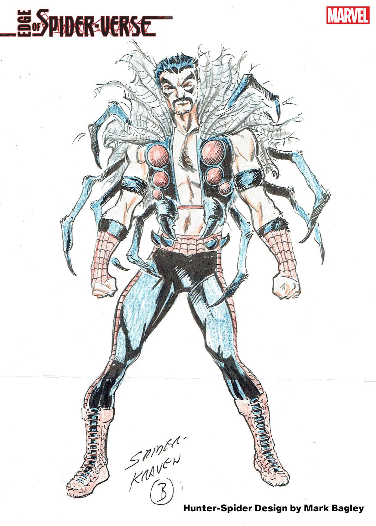 A character design for Hunter-Spider, a heroic version of Kraven the Hunter with spider-powers. He is a mustachioed man wearing the pants and gloves of a Spider-Man costume, and an entire giant spider as an open vest. He is shirtless under the vest. Spiderwebs make a lion-like mane over his shoulders.
