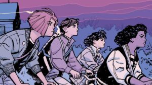 comic image of paper girls characters riding their bikes new tv show prime video