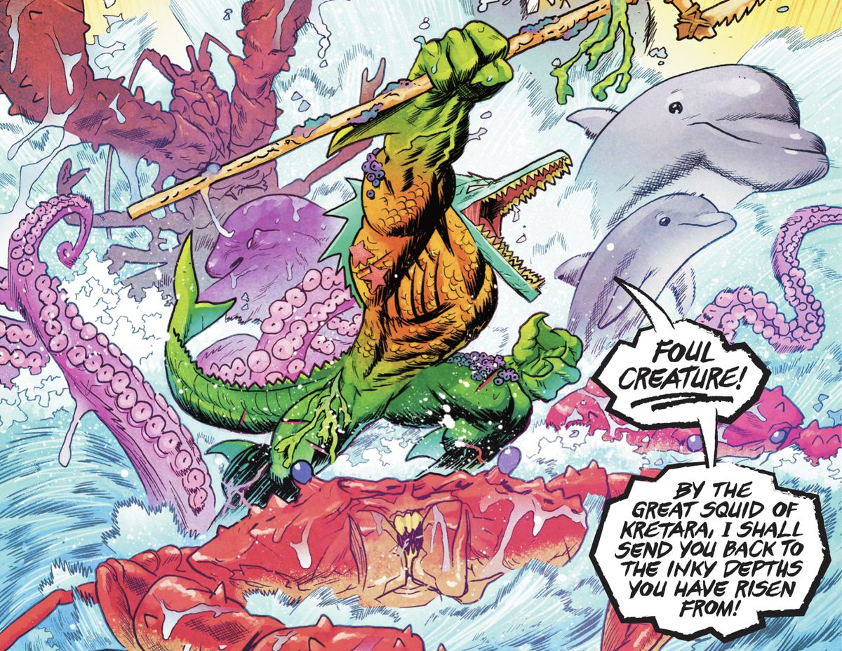 A dinosaur man with scales in the colors of Aquaman’s costume brandishes a trident as he yells a challenge, riding a giant crab, surrounded by other fearsome sea creatures in Jurassic League #1 (2022). 