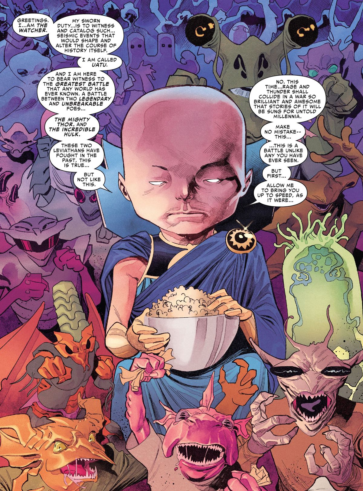 The Watcher, a robed figure with an enormous bald head, sits in a riotous crowd of aliens, eating a bowl of popcorn in Hulk vs. Thor: Banner of War #1 (2022). 