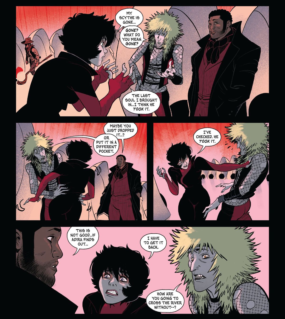Three grim reapers, one a petite goth woman, another a skinny punk man, and a black man in an Elizabethan era coat and cravat, discuss how the woman has lost her scythe with the dread of low-level employees who’ve screwed up on the job in Grim #1 (2022). 