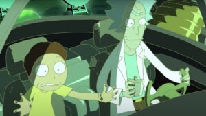 An anime Rick and Morty inside Rick's ship