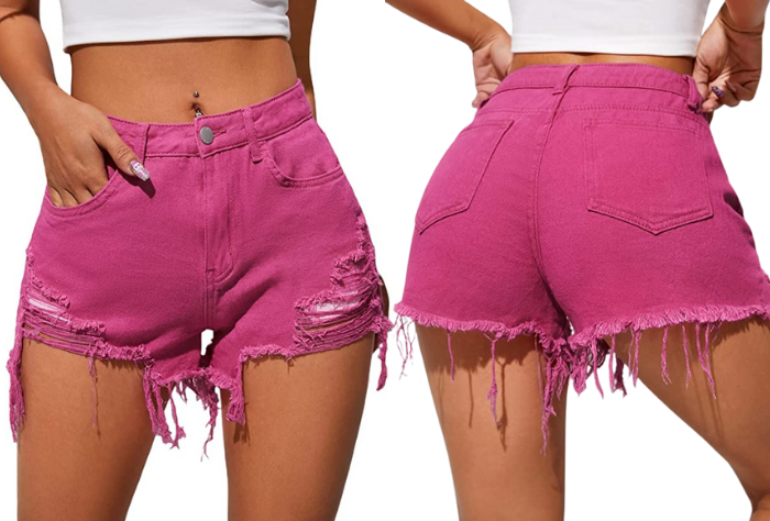 Floerns Raw Hem Distressed Denim Shorts in Pink
