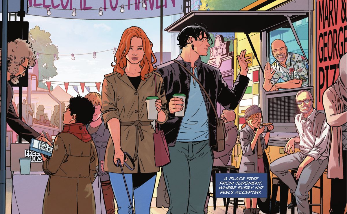 In civilian clothes, Nightwing and Batgirl walk through a street fair. Nightwing waves at two men running a food truck called Marv &amp; George Pizza. They are drawn to resemble Marv Wolfman and George Pérez, in Nightwing #92 (2022).