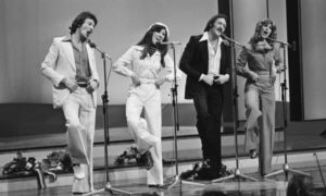 Knees-up … Brotherhood of Man sing their winning tune at the 1976 Eurovision Song Contest in The Hague.