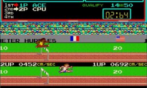 Moving a joystick left to right propels a runner forward in Track and Field.