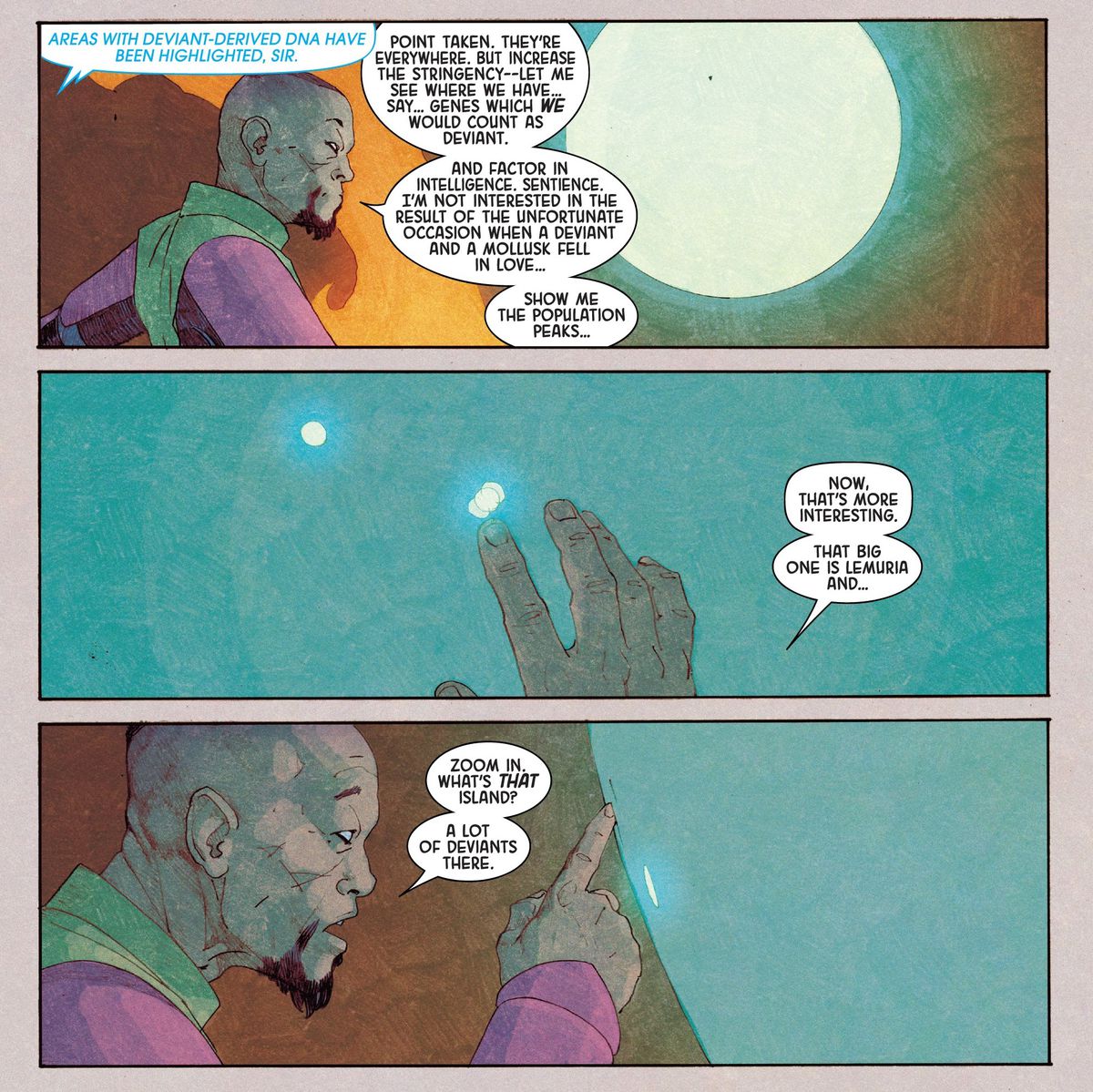 The Eternal Druig examines a globe with areas with “deviant-derived DNA” highlighted. He closes in on a strange island full of Deviant DNA, in Eternals #12 (2022).&nbsp;