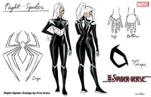 Character design document for Night-Spider, a woman in a black and white spider-themed unitard, with a domino mask, and her long white hair done up in a ponytail.