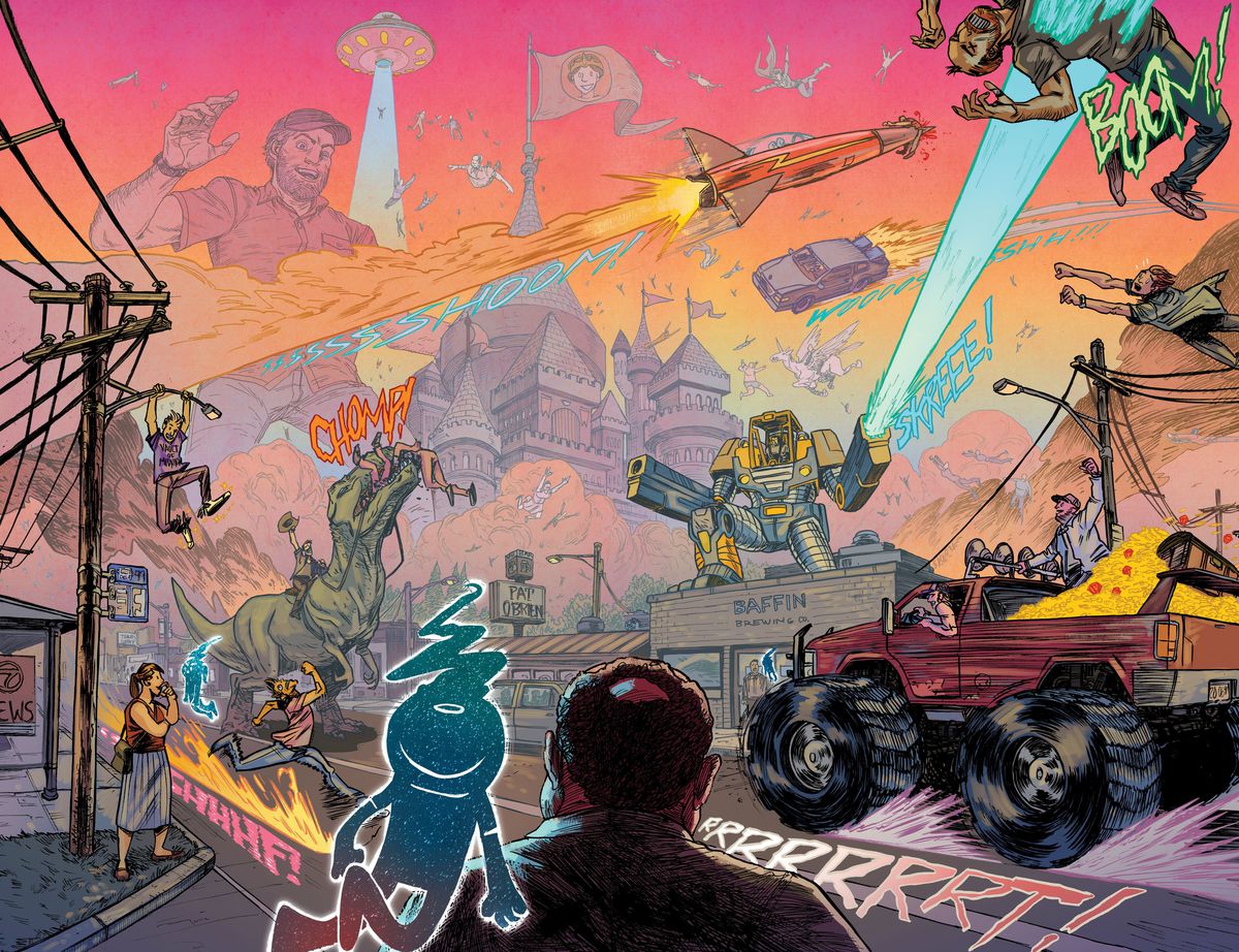 A man looks out on an altered and chaotic city street, at sights like a giant man, UFOs, giant robots, a man riding a dinosuar, a flying car, and a monster truck full of gold in Eight Billion Genies #1 (2022). 