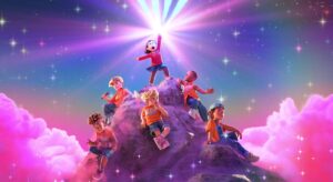 mei standing atop a mountain full of boys, against a pink and rainbow landscape, she raises her hand up and beams of light emit from it. everything is sparkly