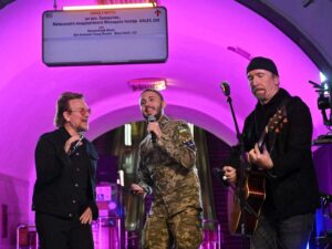 U2's Bono and the Edge perform in Kyiv subway station : NPR