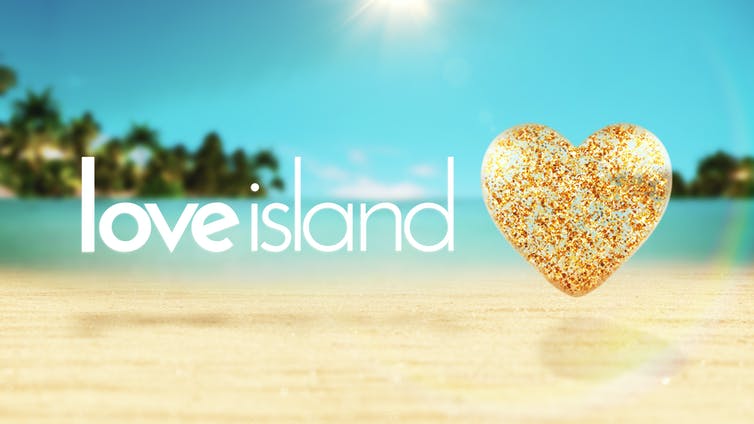 The Love Island logo, a tropical beach with floating white text reading love island and a sparkly gold, floating heart