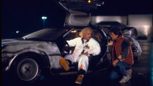 Christopher Lloyd shows Michael J. Fox the time circuits in 1985's Back to the Future.