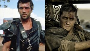On the left, Mel Gibson in the Road Warrior; on the right, Tom Hardy in Mad Max: Fury Road.