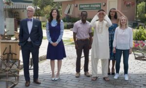 The good and the bad… (from left) Ted Danson as Michael, D’Arcy Carden as Janet, William Jackson Harper as Chidi, Manny Jacinto as Jianyu, Jameela Jamil as Tehani, Kristen Bell as Eleanor in The Good Place.