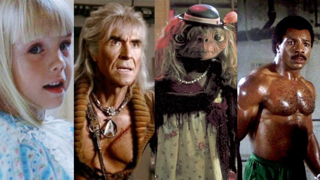 A side by side of Carol Ann from Poltergeist, Khan from Star Trek II: The Wrath of Khan, ET dressed up like a girl in ET, and Apollo Creed in Rocky III