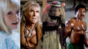 A side by side of Carol Ann from Poltergeist, Khan from Star Trek II: The Wrath of Khan, ET dressed up like a girl in ET, and Apollo Creed in Rocky III