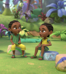 Two animated kids sitting on painted rocks
