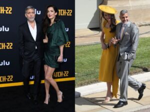 Side by side images of Amal Clooney with George Clooney at various events sporting clear heels.
