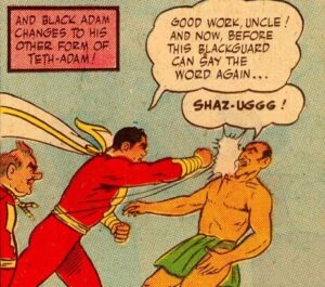 Comic book panel showing DC's Black Adam and Shazam.