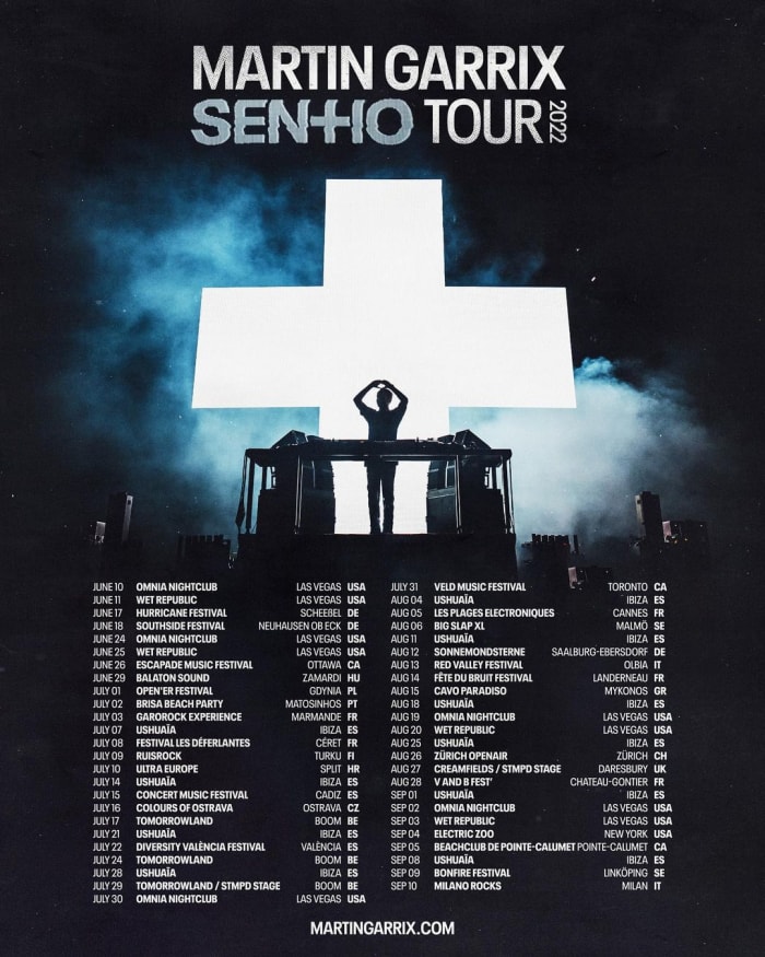 The dates of Martin Garrix's 2022 "Sentio Tour."