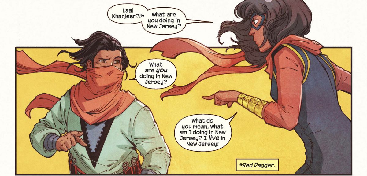 “Laal Khanjeer!” Ms. Marvel calls the Red Dagger by his name in Urdu, “What are you doing in New Jersey?” He is a young Pakistani man wearing a belt strung with half a dozen daggers, with a long red scarf tied across his face, covering his nose, mouth, and neck. From Ms. Marvel #23 (2017). 