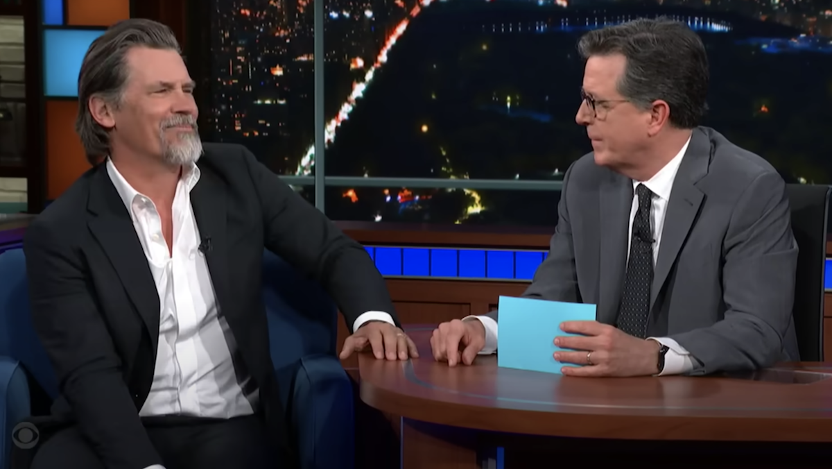 Josh Brolin looks skeptical of Stephen Colbert on the Late Shoe