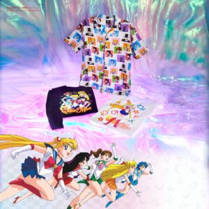 A collection of printed shirts with Sailor Moon characters on it.