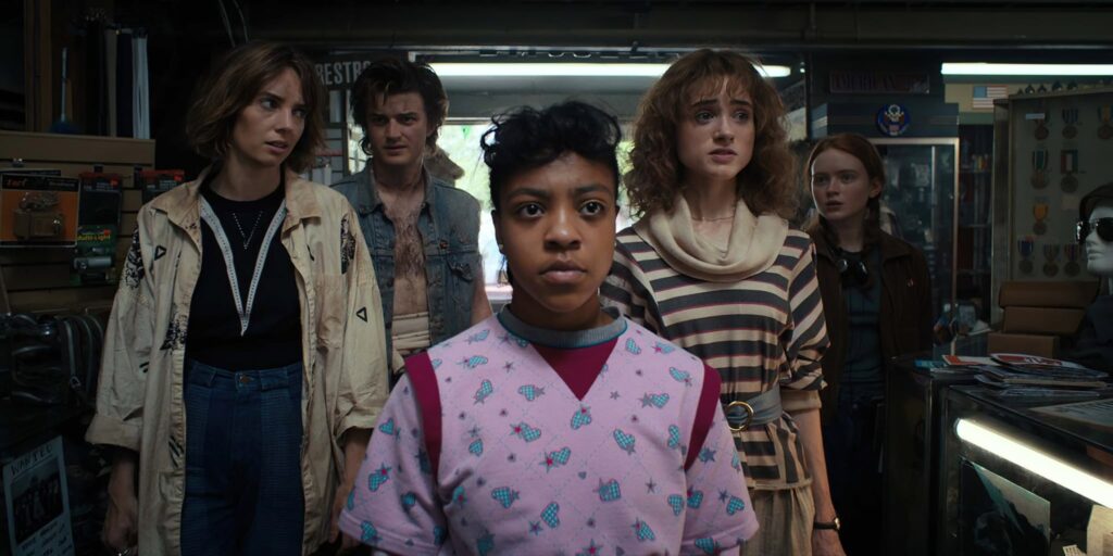 STRANGER THINGS. (L to R) Maya Hawke as Robin Buckley, Joe Keery as Steve Harrington, Priah Ferguson as Erica Sinclair, Natalia Dyer as Nancy Wheeler, and Sadie Sink as Max Mayfield in STRANGER THINGS. Cr. Courtesy of Netflix © 2022