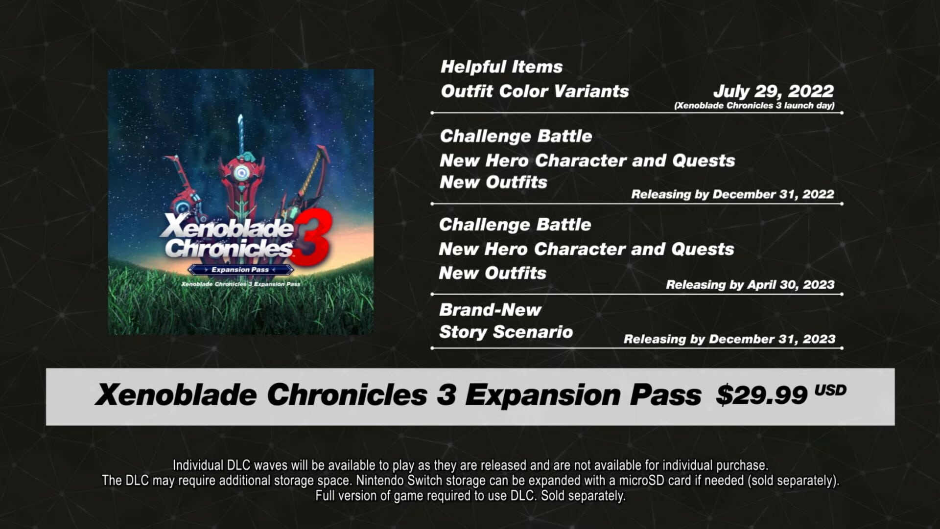 Xenoblade Chronicles 3 Expansion Pass new story scenario content items weapons amiibo Shulk Monado skin support Monolith Soft RPG Nintendo Switch