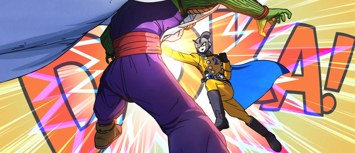 A masked villain in Dragon Ball Super: Super Hero punches Piccolo with a mighty, stylized onscreen “DOKA!”