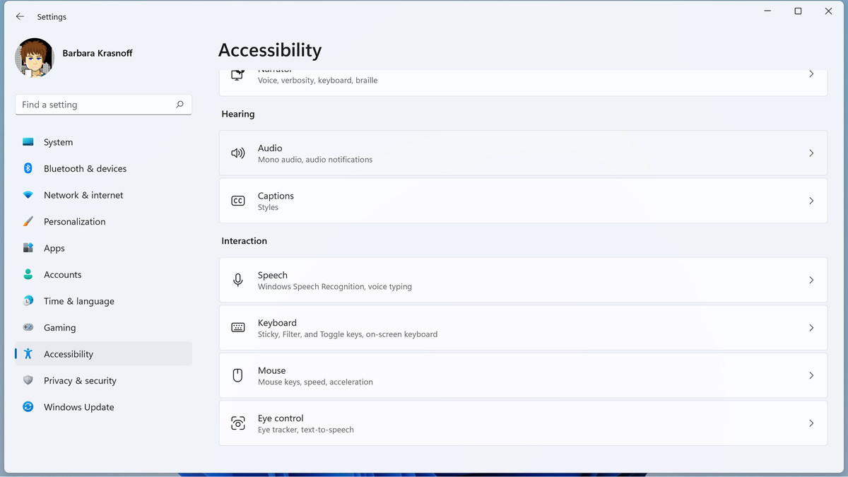 Hearing and interaction accessibility menu.