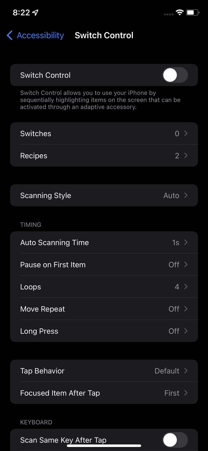 Switch Control page on iPhone