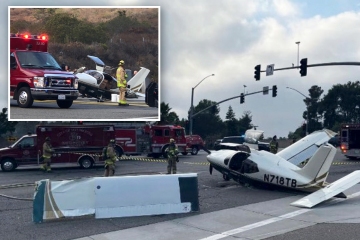 Plane 'clips car' in emergency landing on city road with shock pics of wreckage