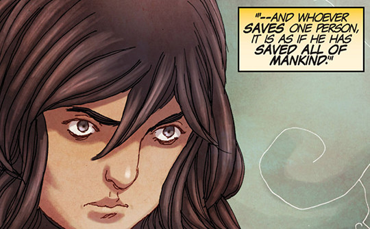 A closeup of Kamala Khan from the comics with a box that reads: “—and whoever *saves* one person, it is as if he has *saved all of mankind*.”
