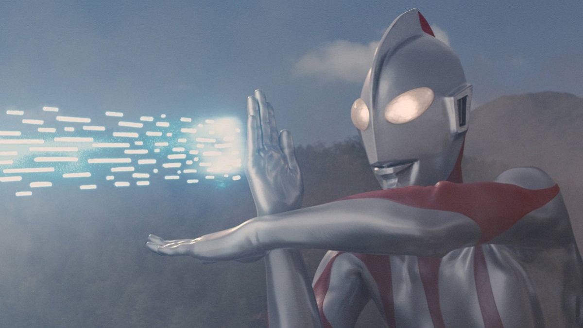 Shin Ultraman fires a spacium beam at a kaiju.