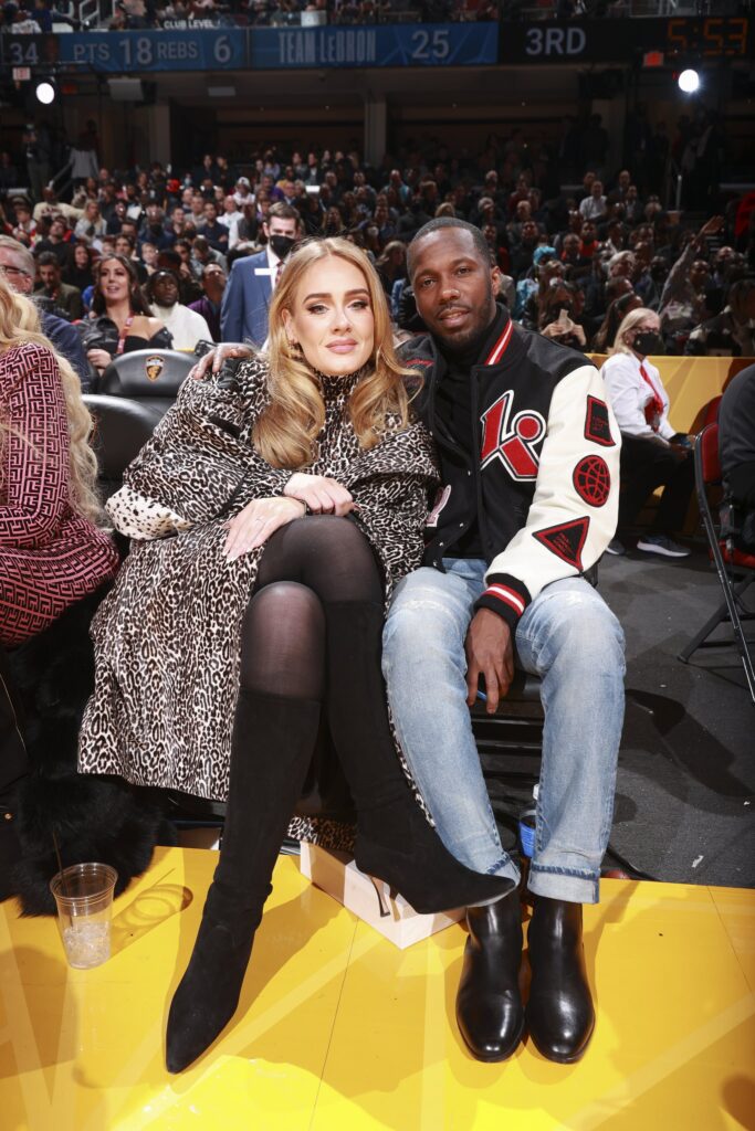 CLEVELAND, OH - FEBRUARY 20: Adele and Rich Paul pose for a photo during the 2022 NBA All-Star Game as part of 2022 NBA All Star Weekend on February 20, 2022 at Rocket Mortgage FieldHouse in Cleveland, Ohio. NOTE TO USER: User expressly acknowledges and agrees that, by downloading and/or using this Photograph, user is consenting to the terms and conditions of the Getty Images License Agreement. Mandatory Copyright Notice: Copyright 2022 NBAE (Photo by Nathaniel S. Butler/NBAE via Getty Images)